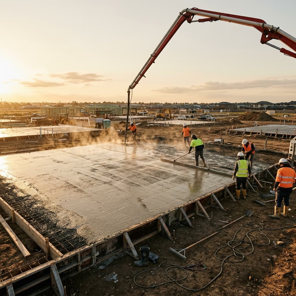 Residential concrete slab pour in progress in Truganina