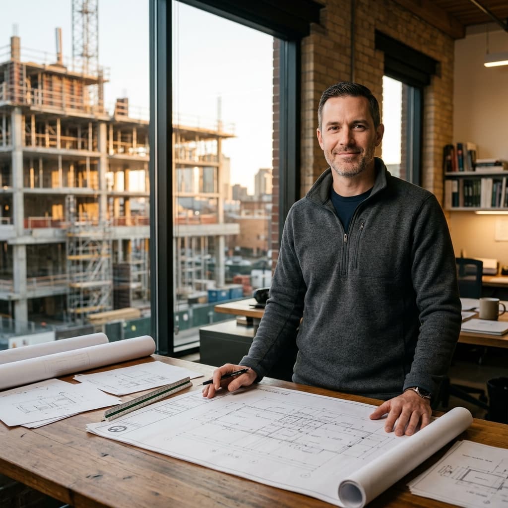 Member of the OnGroundPM team reviewing drawings at a drafting table